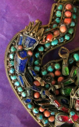 ANTIQUE TIBET - NEPAL JEWELRY LARGE PENDANT,  3 TARAS & GARUDA,  CORAL & TURQUOISE 5