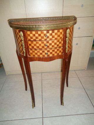 Vintage Louis Xvi Half Moon Shaped Checker Board Inlay Wood 3 Drawer Table (28 ")