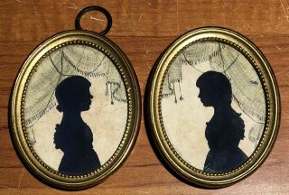 Miniature Pair Antique 19th Century Young Girl Silhouettes In Oval Frames W Glas