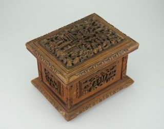 Antique Chinese Canton Sandalwood Wood Deep Carved Case Box 19th C Qing