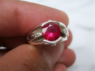 Extreme Art Deco Large Ruby Natural Diamond Sterling Silver Ring Sz 5 1/4 Unique