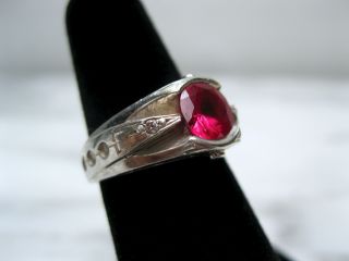 EXTREME ART DECO LARGE RUBY NATURAL DIAMOND STERLING SILVER RING SZ 5 1/4 UNIQUE 3