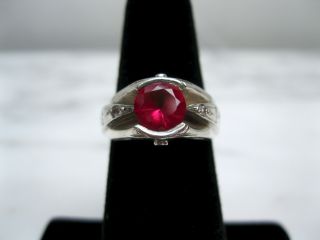 EXTREME ART DECO LARGE RUBY NATURAL DIAMOND STERLING SILVER RING SZ 5 1/4 UNIQUE 5