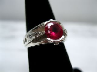 EXTREME ART DECO LARGE RUBY NATURAL DIAMOND STERLING SILVER RING SZ 5 1/4 UNIQUE 6