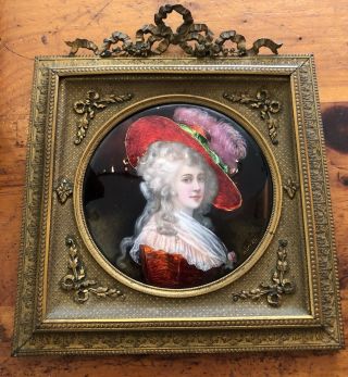 Antique Victorian French Enamel Portrait Painting Signed Framed