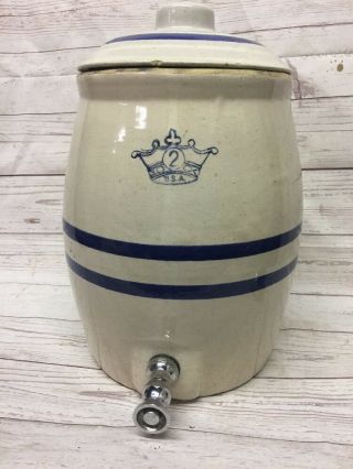Primitive Antique 2 gallon Kings Crown Stoneware Water Dispenser Crock 6