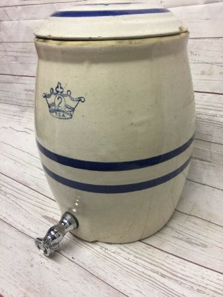 Primitive Antique 2 gallon Kings Crown Stoneware Water Dispenser Crock 7