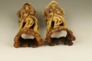 pair old hand carved skull soldier statue figure collectable netsuke table deco 8