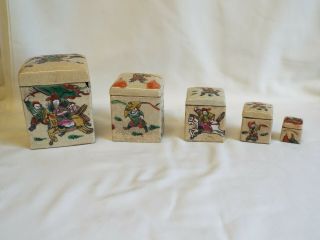 Vintage Or Antique Chinese Porcelain Crackle Glaze Graduated Boxes