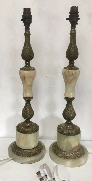 Vintage Brass Onyx Lights Lamps Green Gold Tall Large 54cms 21 Inches