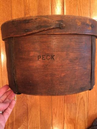 Rare Antique Primitive Round Wooden Cupboard Bowl Engraved Peck 1800’s