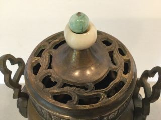 Antique Vtg Chinese Japanese Bronze Censer Incense Burner Birds Jade Finial 11 