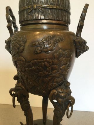 Antique Vtg Chinese Japanese Bronze Censer Incense Burner Birds Jade Finial 11 