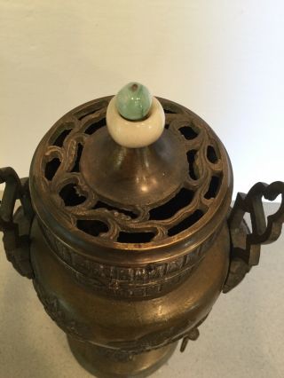 Antique Vtg Chinese Japanese Bronze Censer Incense Burner Birds Jade Finial 11 