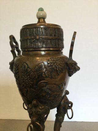 Antique Vtg Chinese Japanese Bronze Censer Incense Burner Birds Jade Finial 11 