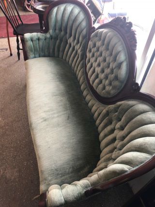 1920’s Antique Victorian Sofa Green Upholstery Loveseat Settee Chaise Couch NR 10