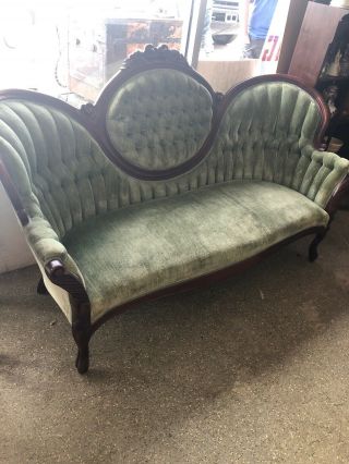 1920’s Antique Victorian Sofa Green Upholstery Loveseat Settee Chaise Couch Nr