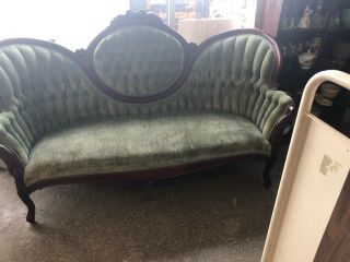 1920’s Antique Victorian Sofa Green Upholstery Loveseat Settee Chaise Couch NR 9