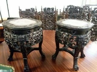 Rare Pair Antique Chinese Ebonized Plant Stands Quatrefoil Marble Top Carved