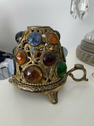 1 Vintage Victorian Brass Jeweled Fairy Finger Lamp Candle Holder