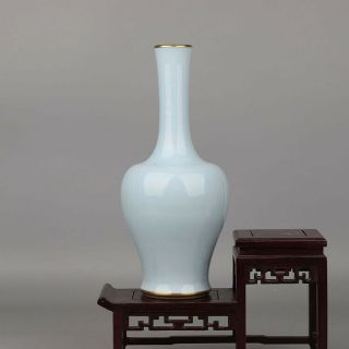 10.  6 " China Antique Porcelain Qing Kangxi Light Blue Glaze Gilt Long Necked Vase