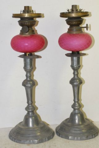 Pair Red Satin Glass Whale Oil Lamps On Pewter Sticks With Orig.  Burners,  1850
