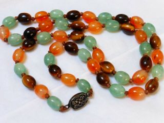 Vintage Chinese Carnelian Tiger Eye Jade Beads Necklace,  Silver Clasp