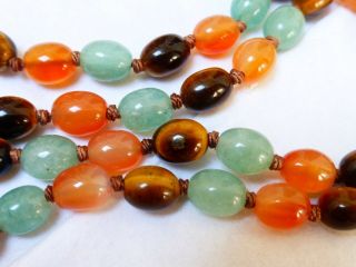 VINTAGE CHINESE CARNELIAN TIGER EYE JADE BEADS NECKLACE,  SILVER CLASP 2