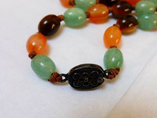 VINTAGE CHINESE CARNELIAN TIGER EYE JADE BEADS NECKLACE,  SILVER CLASP 3
