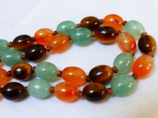 VINTAGE CHINESE CARNELIAN TIGER EYE JADE BEADS NECKLACE,  SILVER CLASP 5