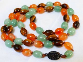 VINTAGE CHINESE CARNELIAN TIGER EYE JADE BEADS NECKLACE,  SILVER CLASP 6