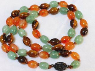 VINTAGE CHINESE CARNELIAN TIGER EYE JADE BEADS NECKLACE,  SILVER CLASP 7