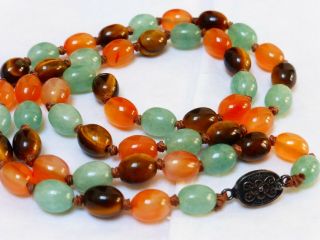 VINTAGE CHINESE CARNELIAN TIGER EYE JADE BEADS NECKLACE,  SILVER CLASP 8