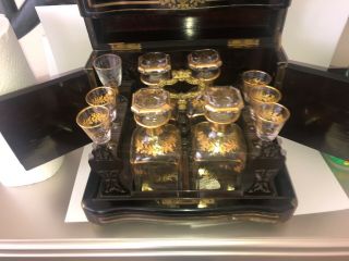 Antique 19th Century Portable Bar Tantalus With Crystal Gold Relief