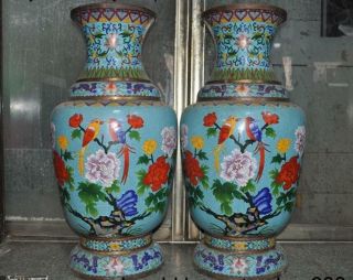 Antique Old Chinese Bronze Cloisonne Peony Flower Bird Zun Bottle Vase Jar Pair