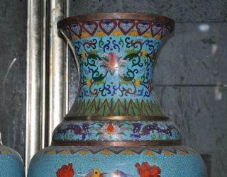 antique Old Chinese bronze Cloisonne peony flower bird Zun Bottle Vase Jar pair 2