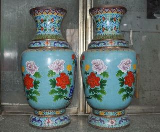 antique Old Chinese bronze Cloisonne peony flower bird Zun Bottle Vase Jar pair 5