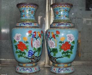 antique Old Chinese bronze Cloisonne peony flower bird Zun Bottle Vase Jar pair 6