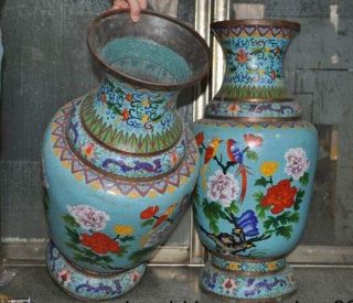 antique Old Chinese bronze Cloisonne peony flower bird Zun Bottle Vase Jar pair 7