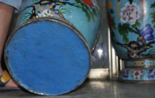 antique Old Chinese bronze Cloisonne peony flower bird Zun Bottle Vase Jar pair 8