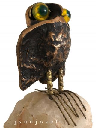 Uncommon Mid Century Bronze Travertine & Acrylic Owl Sculpture By Curtis Jere