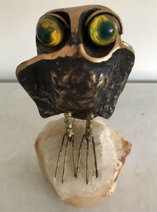 Uncommon Mid Century Bronze Travertine & Acrylic Owl Sculpture by Curtis Jere 2