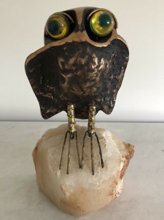 Uncommon Mid Century Bronze Travertine & Acrylic Owl Sculpture by Curtis Jere 3