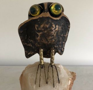 Uncommon Mid Century Bronze Travertine & Acrylic Owl Sculpture by Curtis Jere 9
