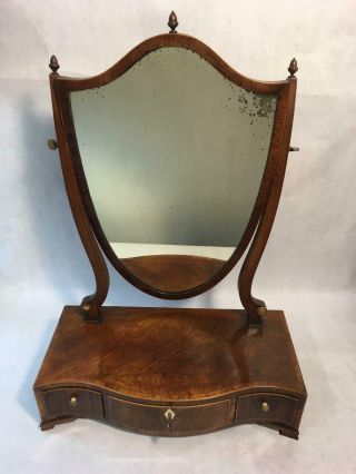 Antique 19th C.  Mahogany Sheraton Dresser Top Make Up Shaving Mirror Vanity