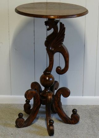 Antique Oak Winged Griffin Pedestal Stand Table 19 C.  Gothic Oak Stand