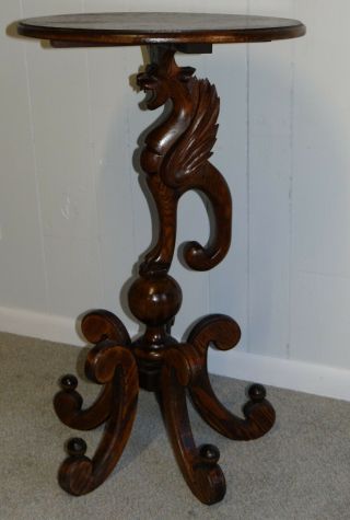 Antique Oak WINGED GRIFFIN Pedestal Stand Table 19 C.  Gothic Oak Stand 2