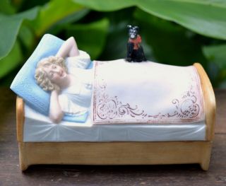 Antique SCHAFER & VATER Sleeping BEAUTY Woman Cat Dog Figural BISQUE NOVELTY BOX 2