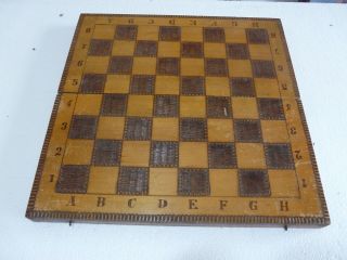 13 " Early Antique Wooden Pyrography Chess / Backgammon Board Box Wood W Figures