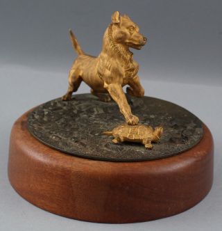 Antique 19thC Dore Gold Gilt Bronze Terrier Dog & Tortoise Turtle Sculpture NR 7